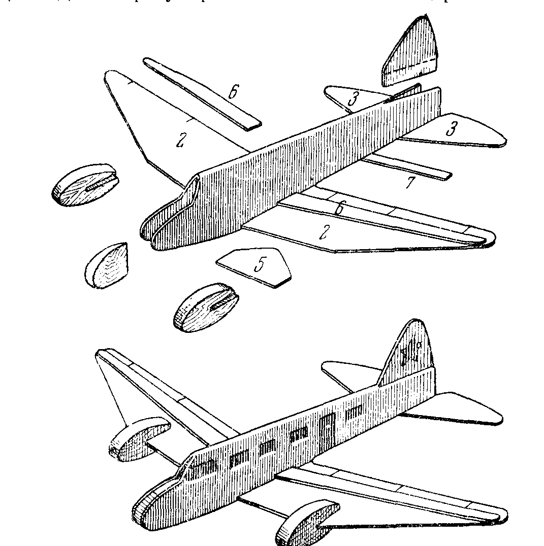 Схематическая модель самолета с резиновым мотором