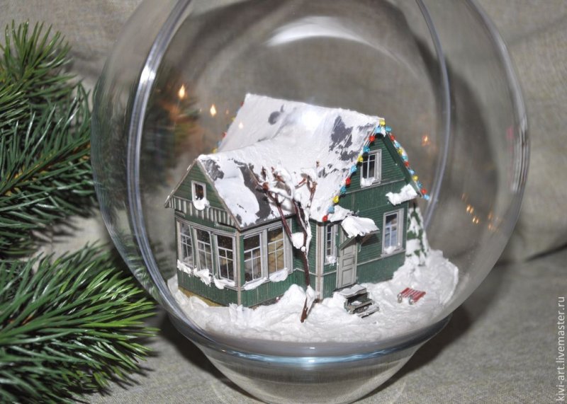 Стеклянный шар с домиком новогодний