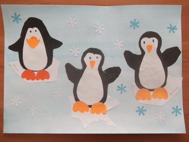 Аппликация пингвины на льдине подготовительная