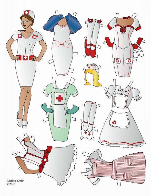 Бумажная кукла врач с одеждой