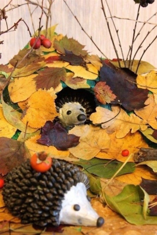 Ежик с осенними листьями и грибами