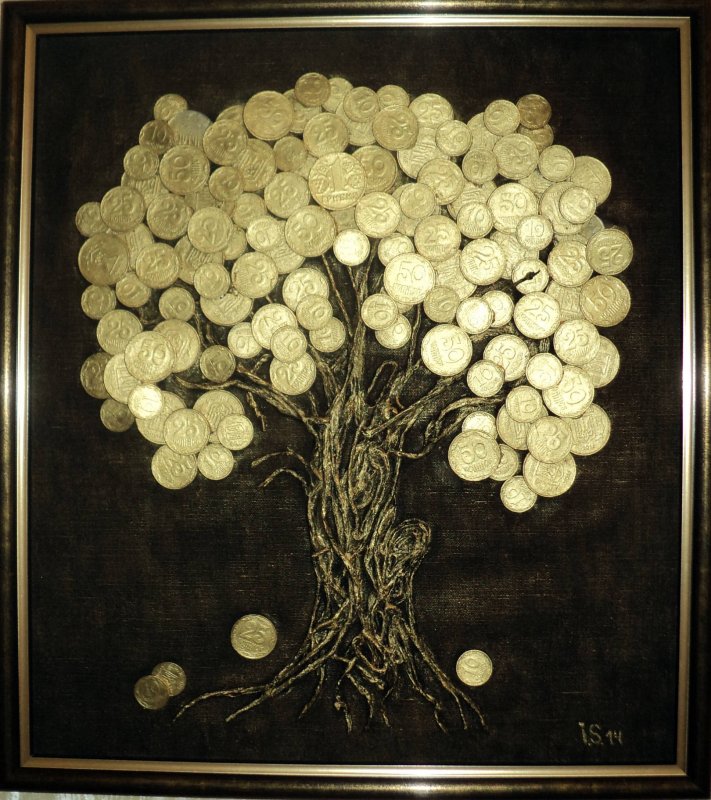 Денежное дерево из ниток и монет
