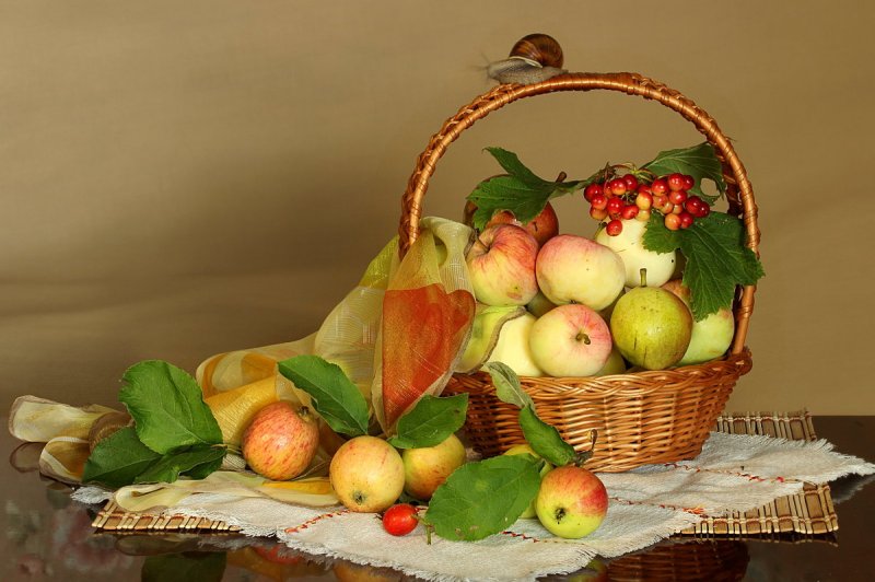 Натюрморт корзина с яблоками