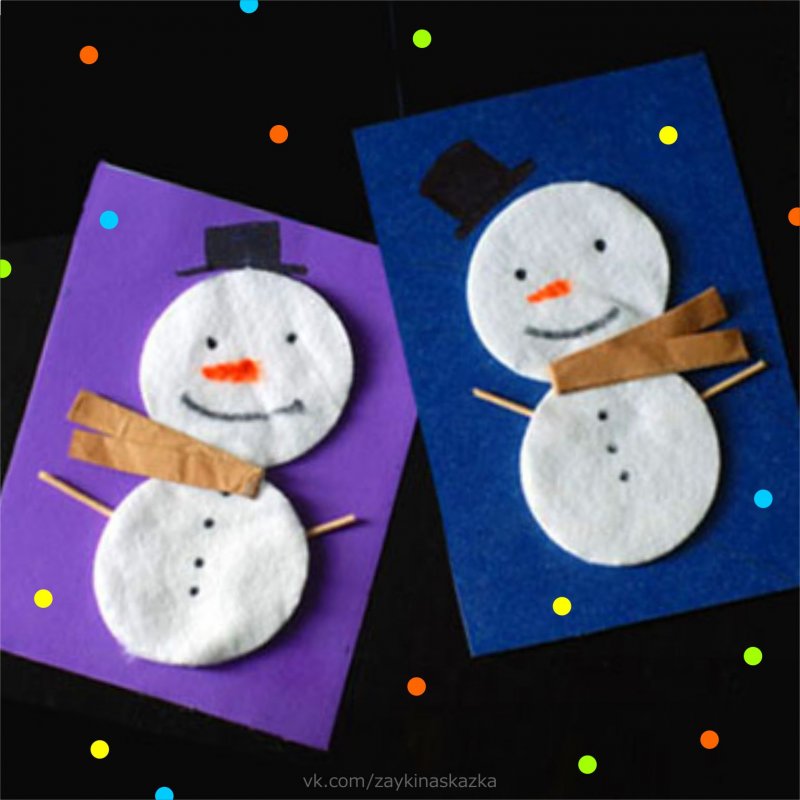 Аппликация Снеговик из ватных дисков