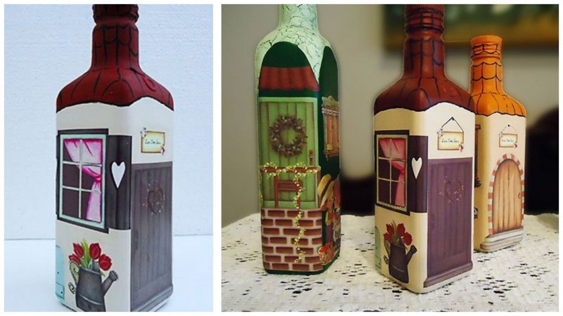 Декор бутылок домики