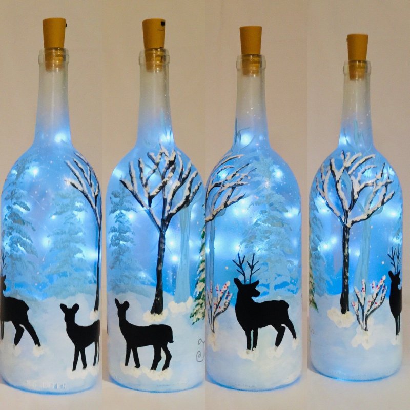 Зимний декор на стеклянных бутылках