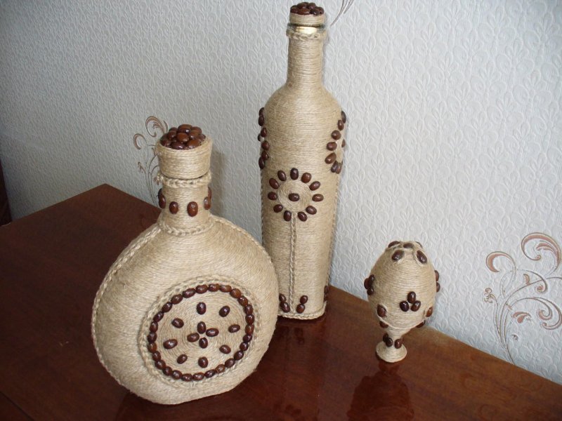 Декор бутылок из джута