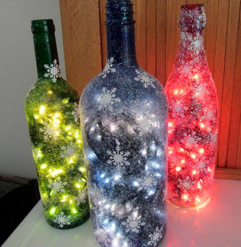 Новогодний декор стеклянных бутылок