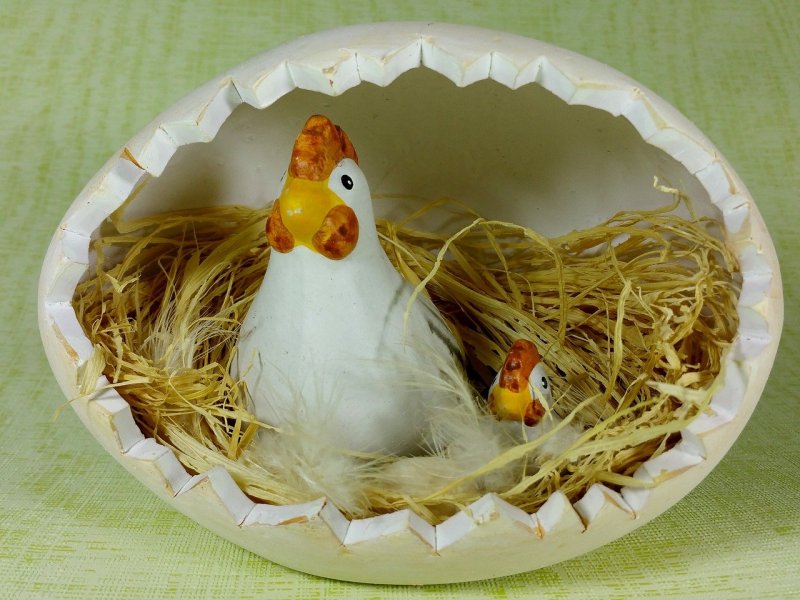 Курица с яйцами и цыплята Пасха