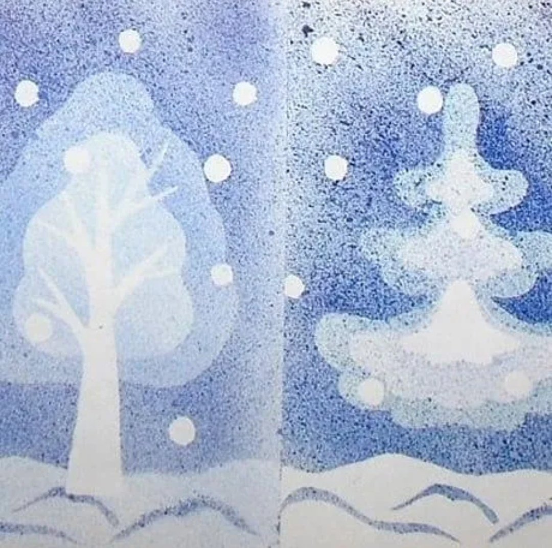 Набрызг техника рисования для детей зима