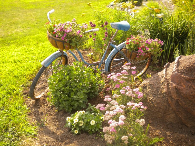 Велосипед на газоне с цветами