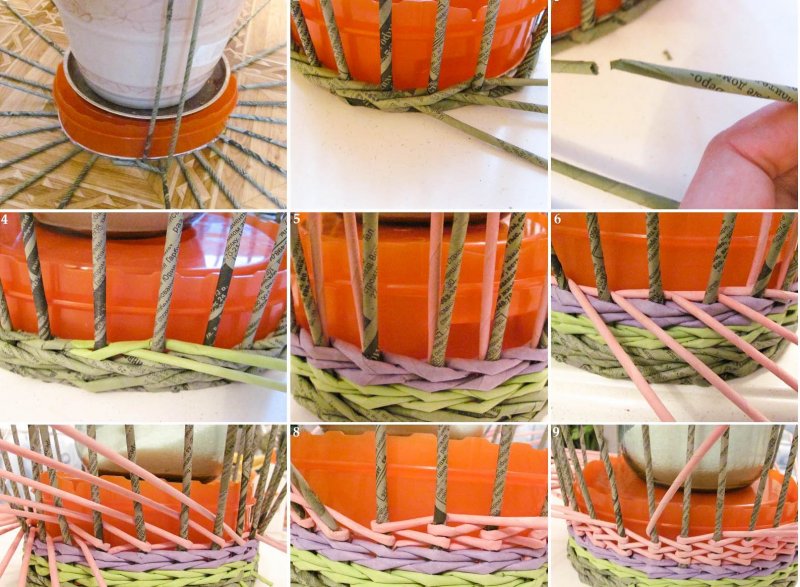МК плетения корзинки из газетных трубочек