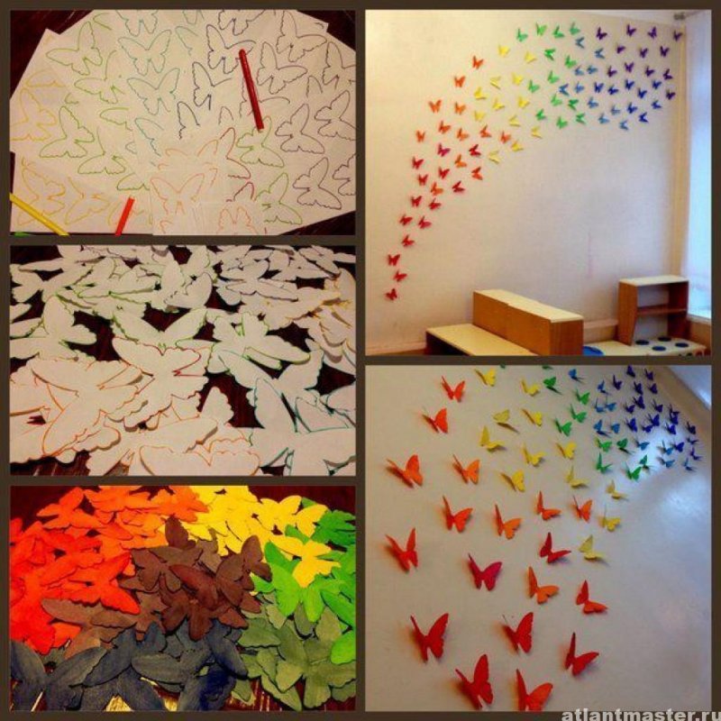 Украсить стену бабочками из бумаги