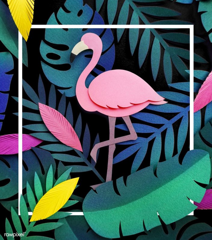 Аппликация Фламинго из бумаги и перьев