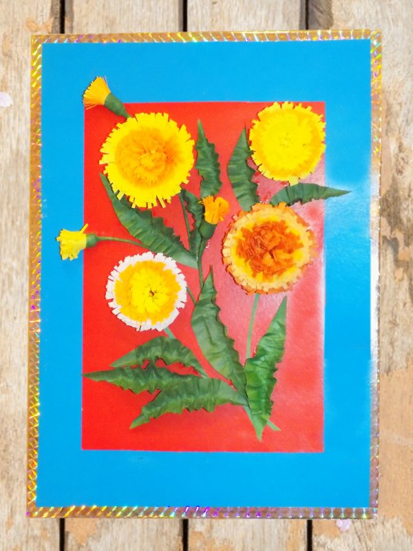 Аппликации с объемными цветами из бумаги одуванчики
